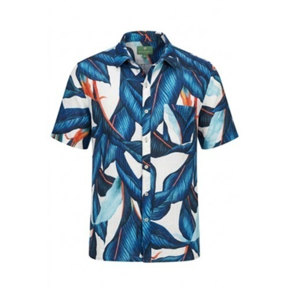 FARM RIO Shirt Men S Blue Tropical Leaf Linen Viscose Hawaiian Aloha Beachy